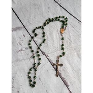 Vintage Rosary Catholic Green Glass Beads Christian I Hope In Thee Prayer Beads